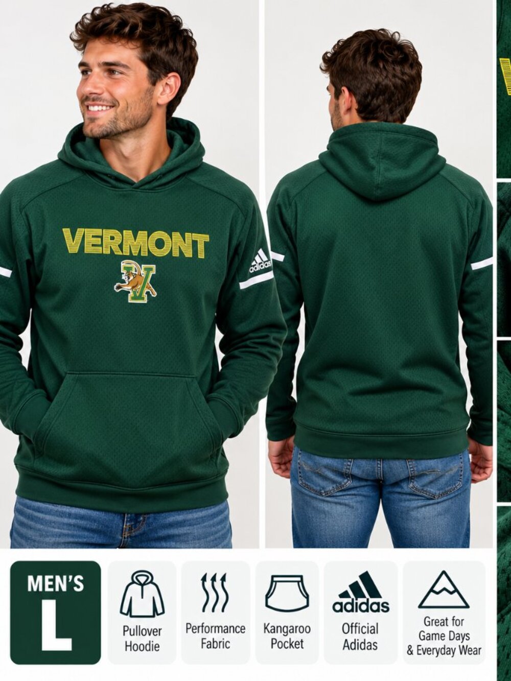 Adidas Vermont Catamounts UVM Performance Hoodie – Men’s Large – $45